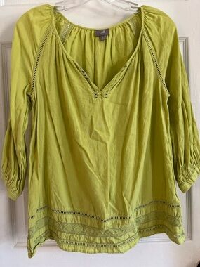 J Jill Lime Linen Rayon Popover Women’s Shirt Split Neck Insert Lace Trim